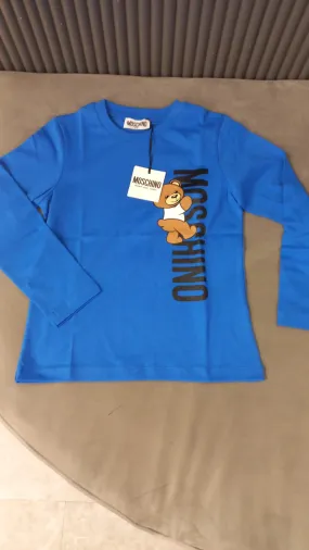 Moschino T-Shirt Long Sleeved Vertical Bear Logo Blue