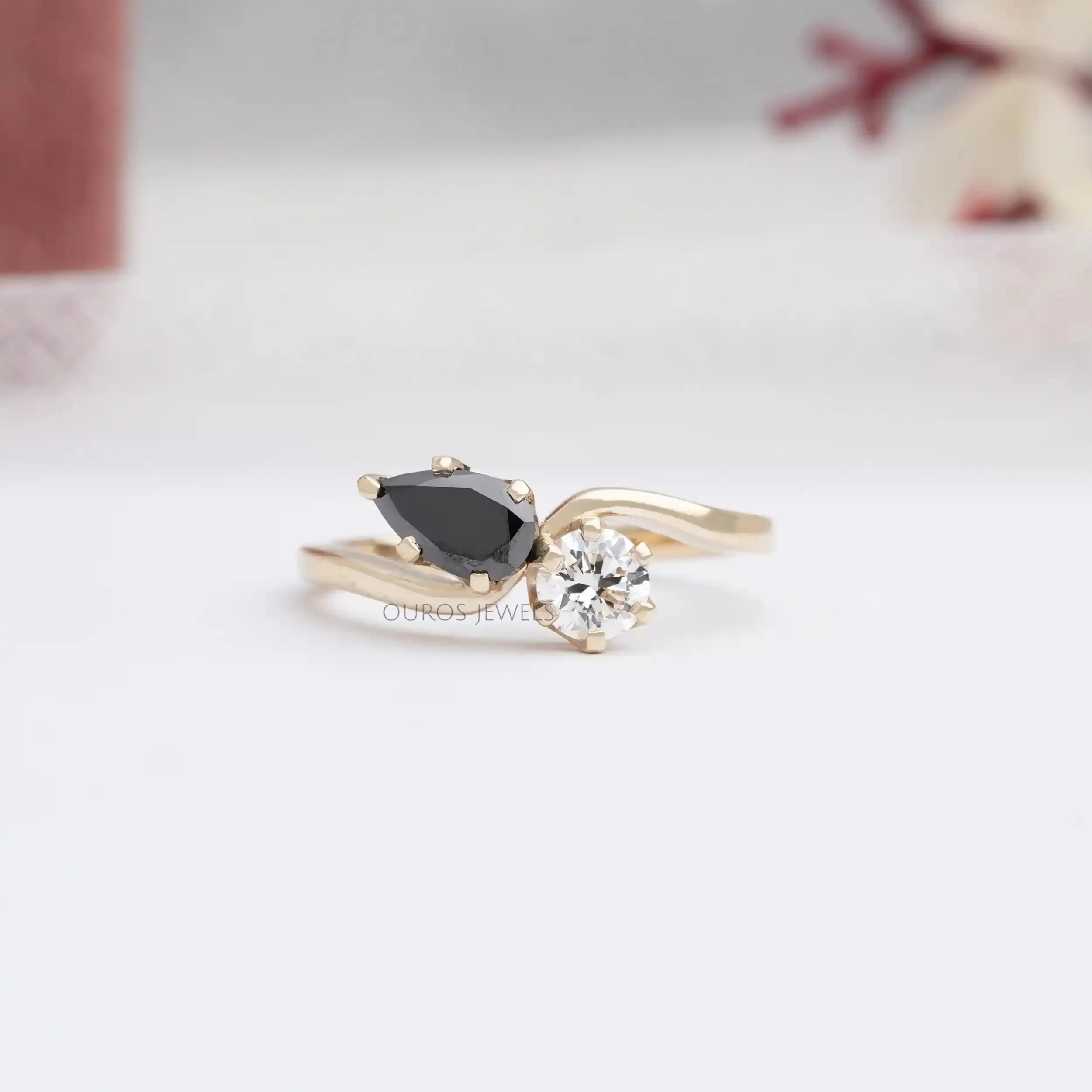 Natural Black Pear Cut Lab Grown  Diamond Two  Stone Ring