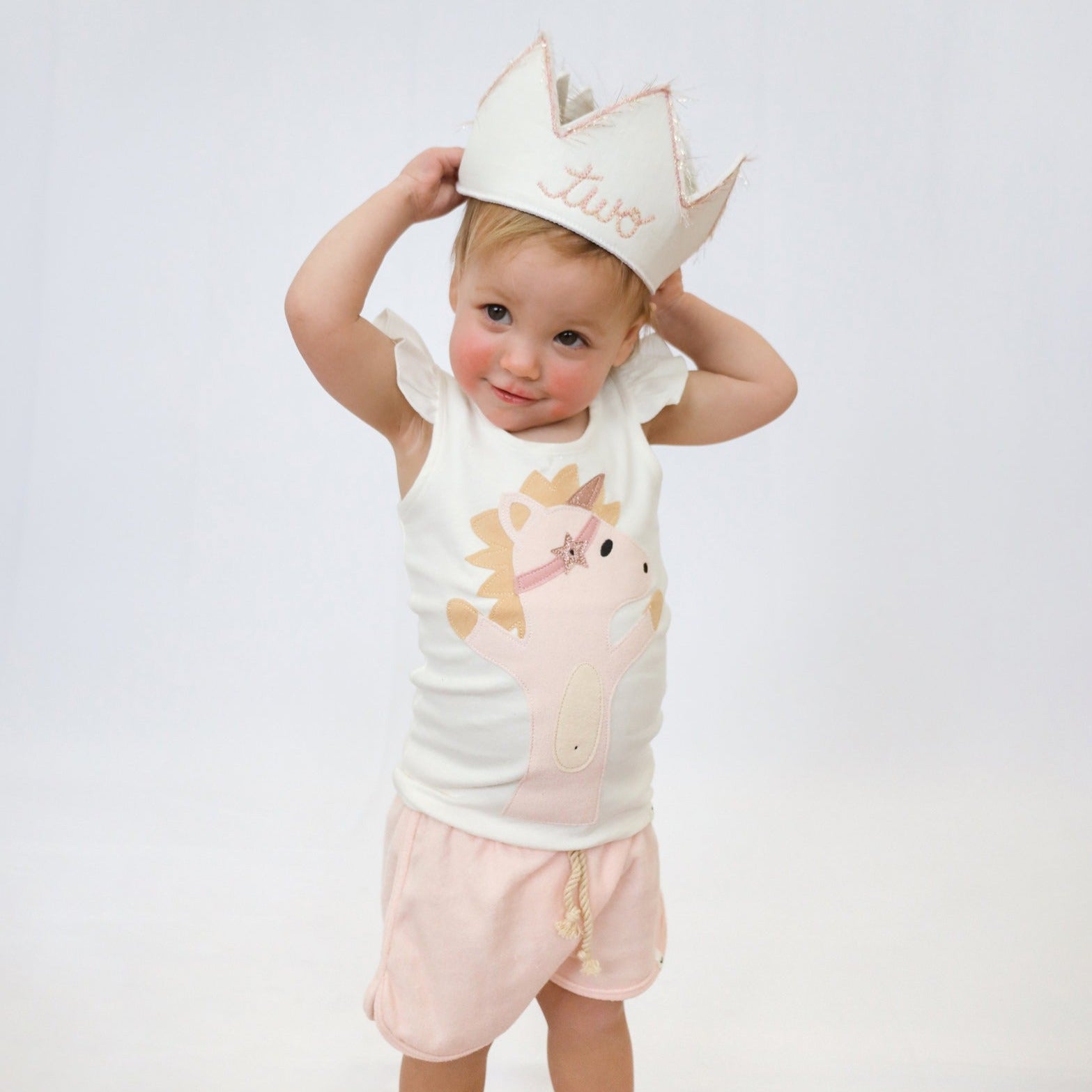 oh baby! Two Birthday Crown with Blush/Gold Trim on Oyster Linen