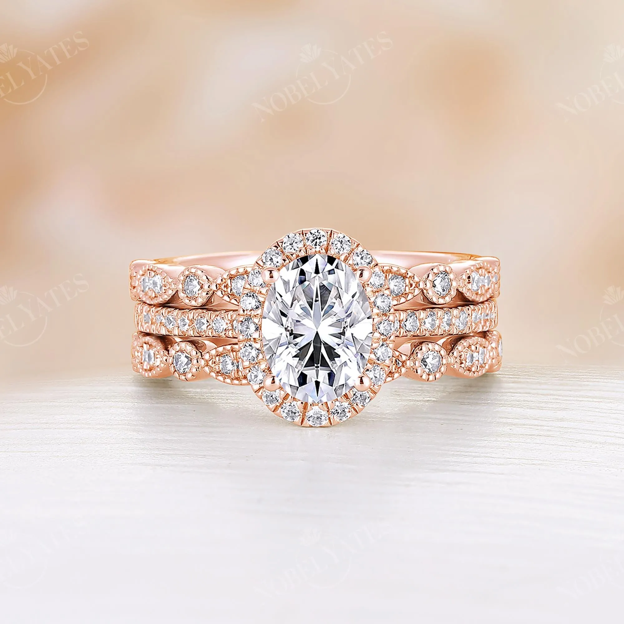 Oval Moissanite Halo&Pave Three Pieces Bridal Set Rose Gold