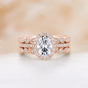 Oval Moissanite Halo&Pave Three Pieces Bridal Set Rose Gold