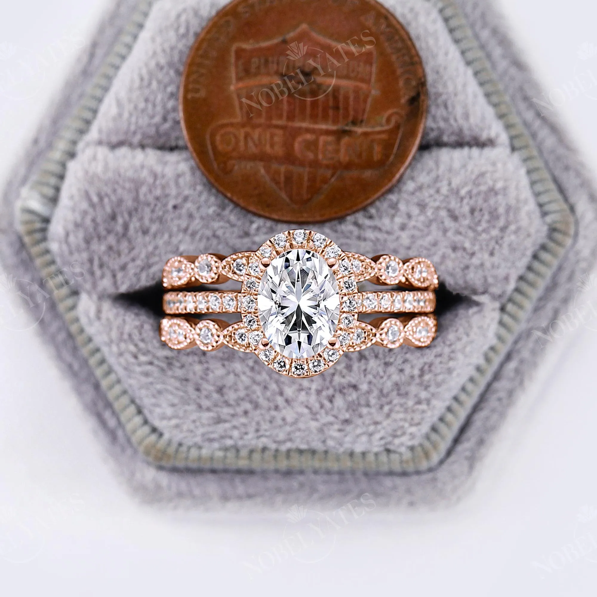 Oval Moissanite Halo&Pave Three Pieces Bridal Set Rose Gold