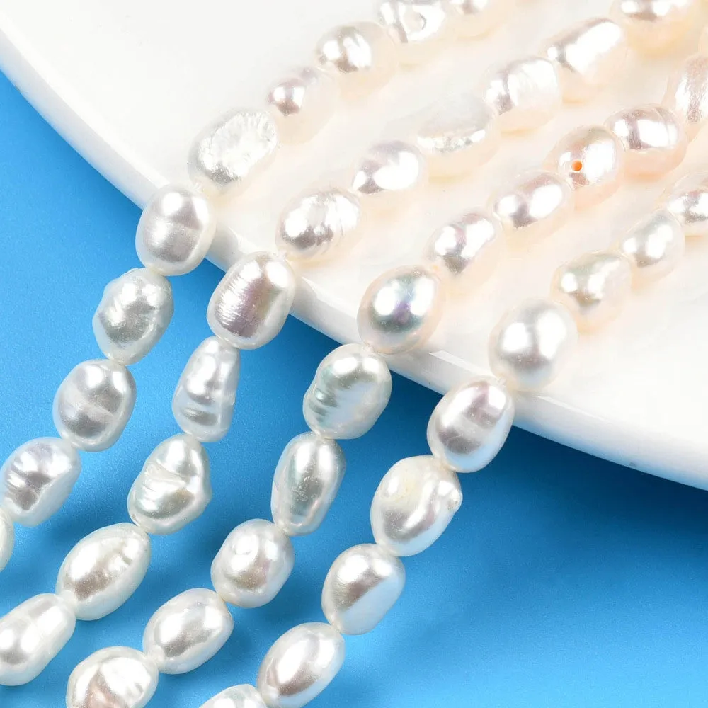 Pearl Beads, Natural, Freshwater, Cultured,Two Sides Polished, Rice, White, 7x5.5mm