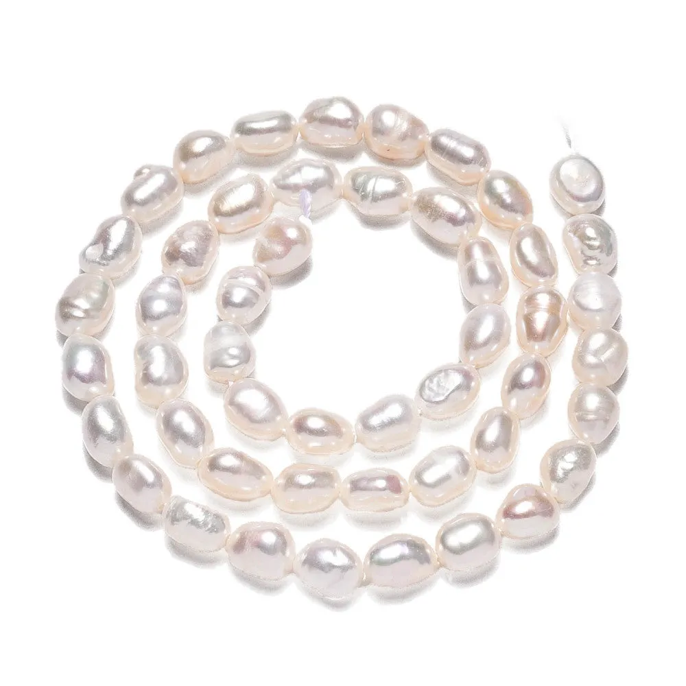 Pearl Beads, Natural, Freshwater, Cultured,Two Sides Polished, Rice, White, 7x5.5mm