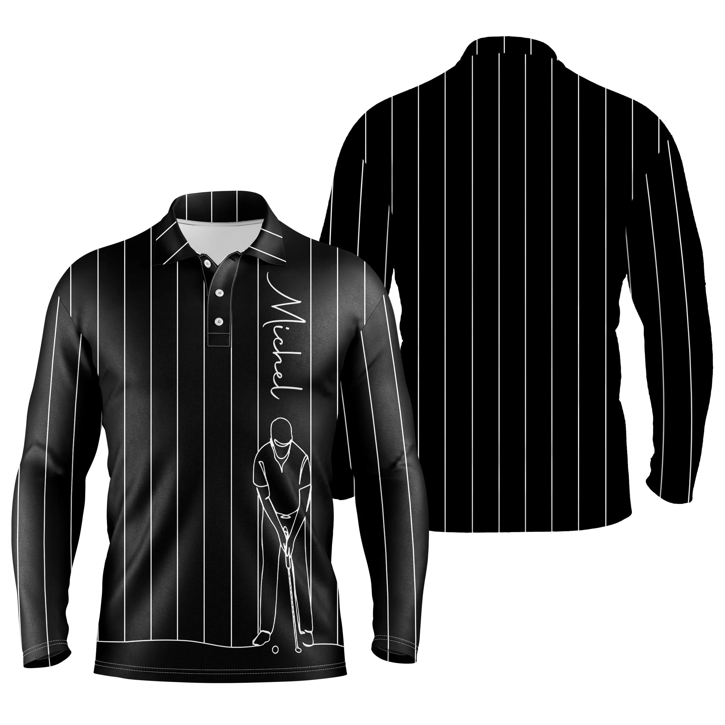 Polo de Golf Personnalisé, Dessin Au Trait Golfeur, Golfeuse, Cadeau Original Pour Fans de Golf, Noir, Blanc, Bleu Marine - CTS1