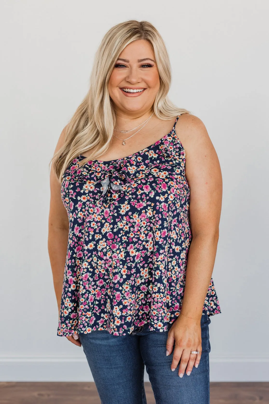 Ready To Blossom Tank Top- Navy