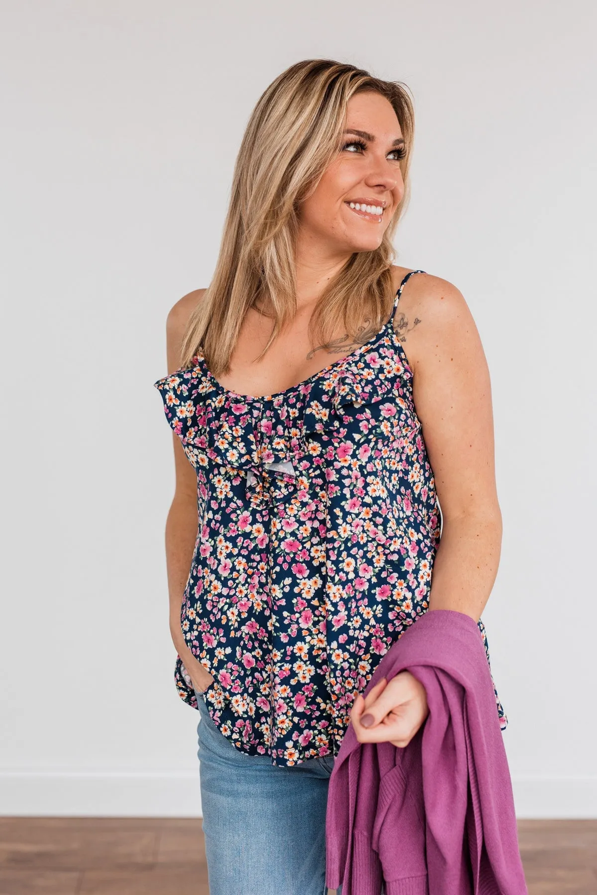 Ready To Blossom Tank Top- Navy