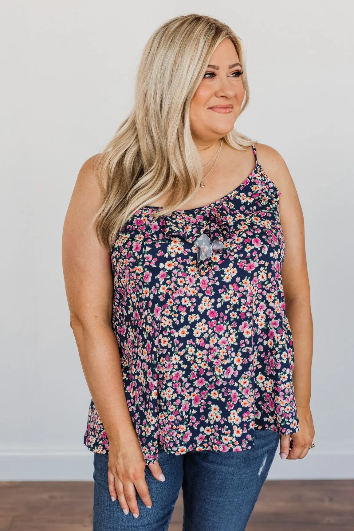 Ready To Blossom Tank Top- Navy