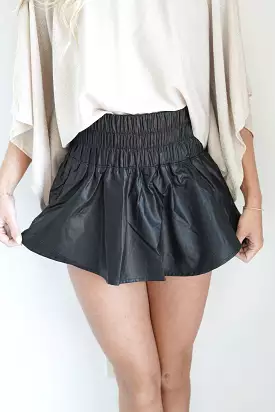 Sayla Smocked Black Faux Leather Skort