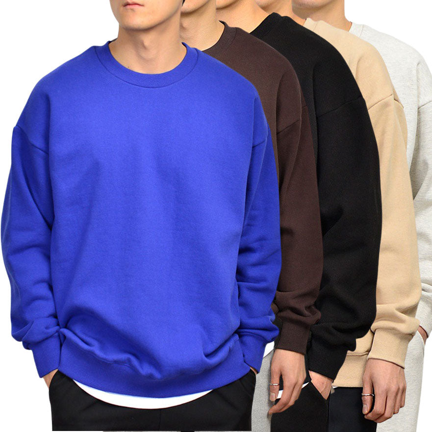 Solid Plain Casual Long Sleeved Sweatshirts Mens Crewneck Tops Napping Heavy Loose Fit Made in Korean Fashion Kpop Style