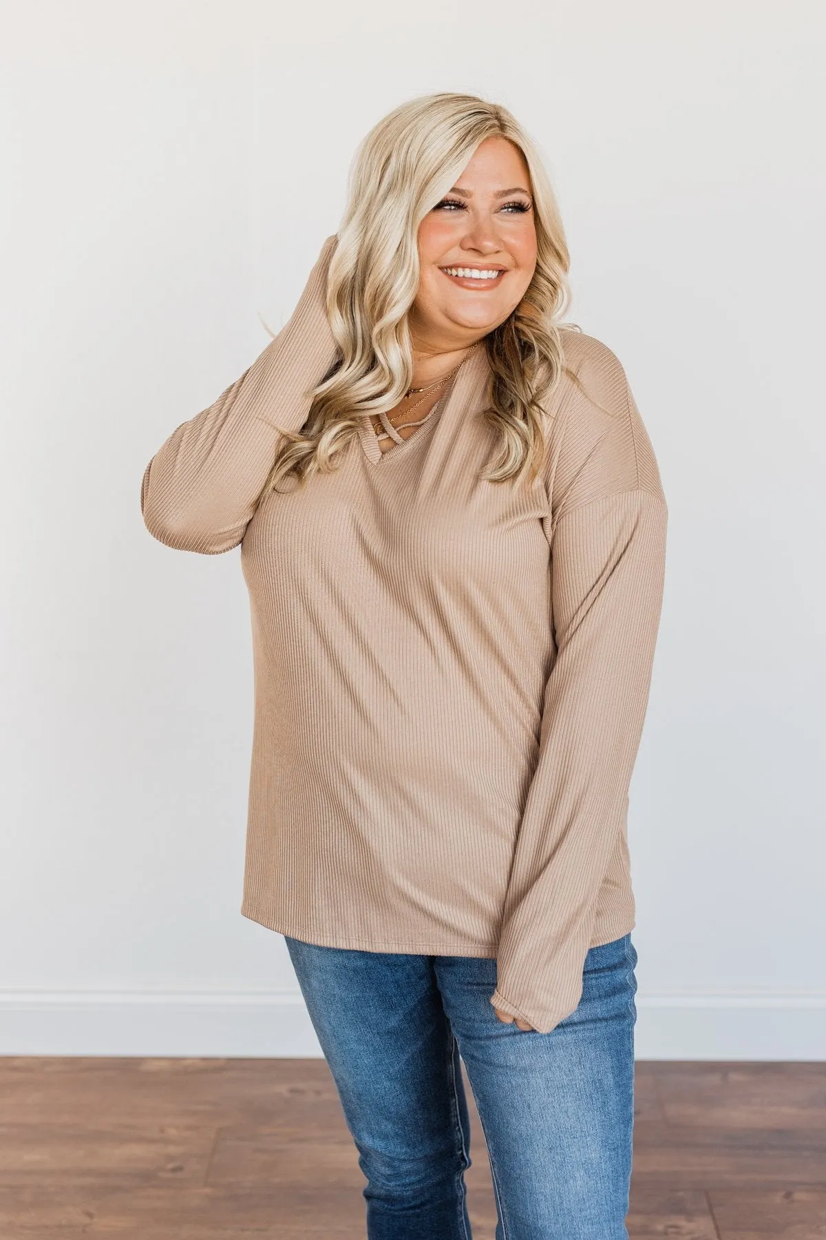 Spice Of Life Criss Cross Ribbed Knit Top- Light Taupe