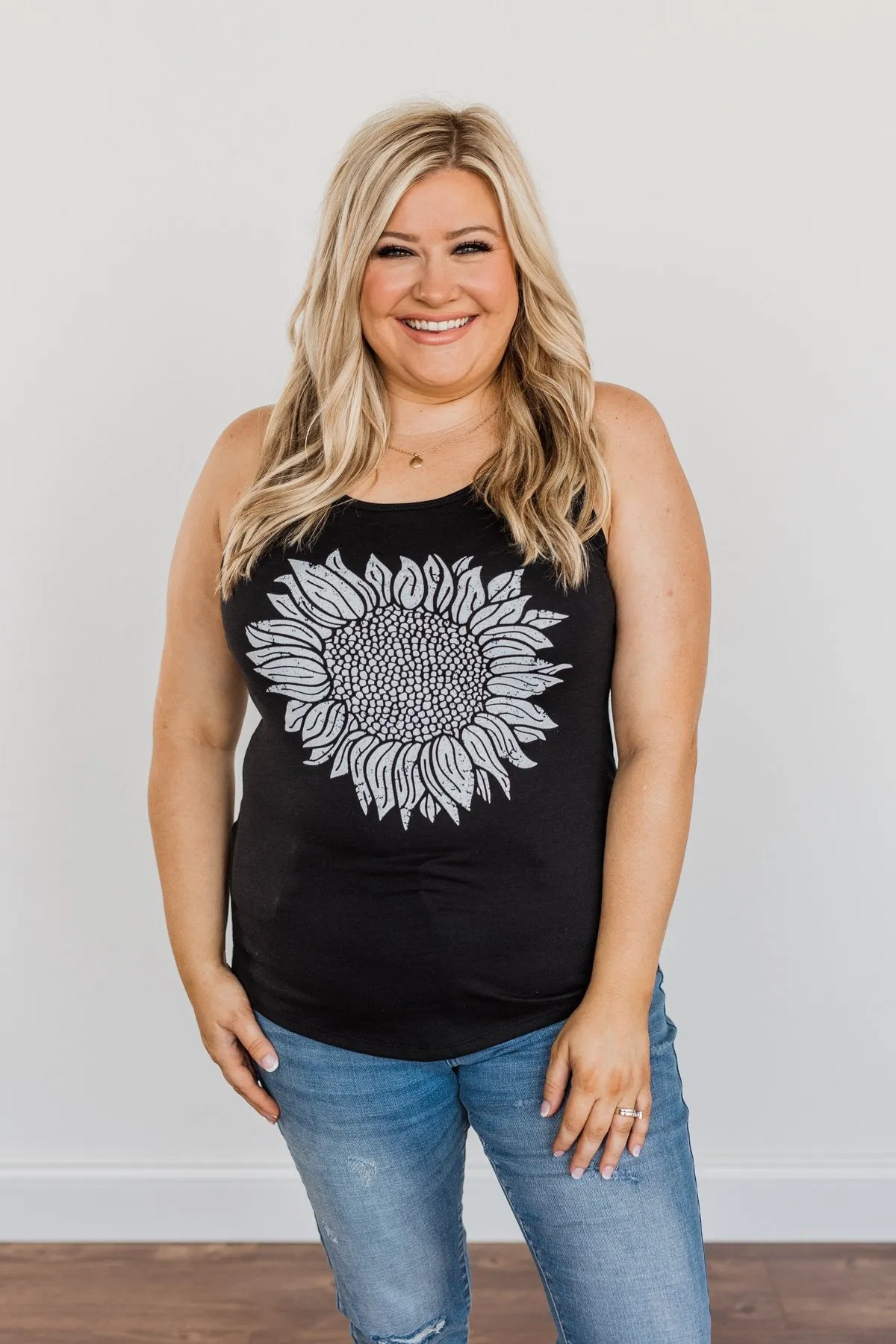 Sweet Sunflower Racerback Graphic Tank Top- Black