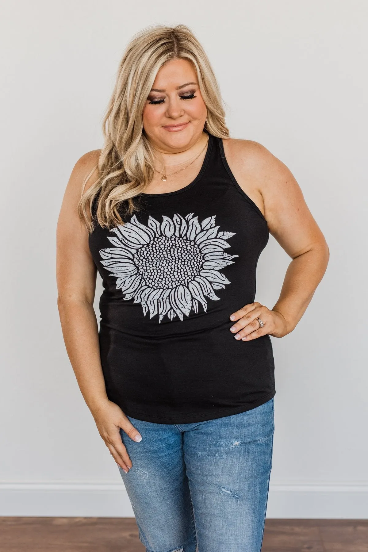 Sweet Sunflower Racerback Graphic Tank Top- Black