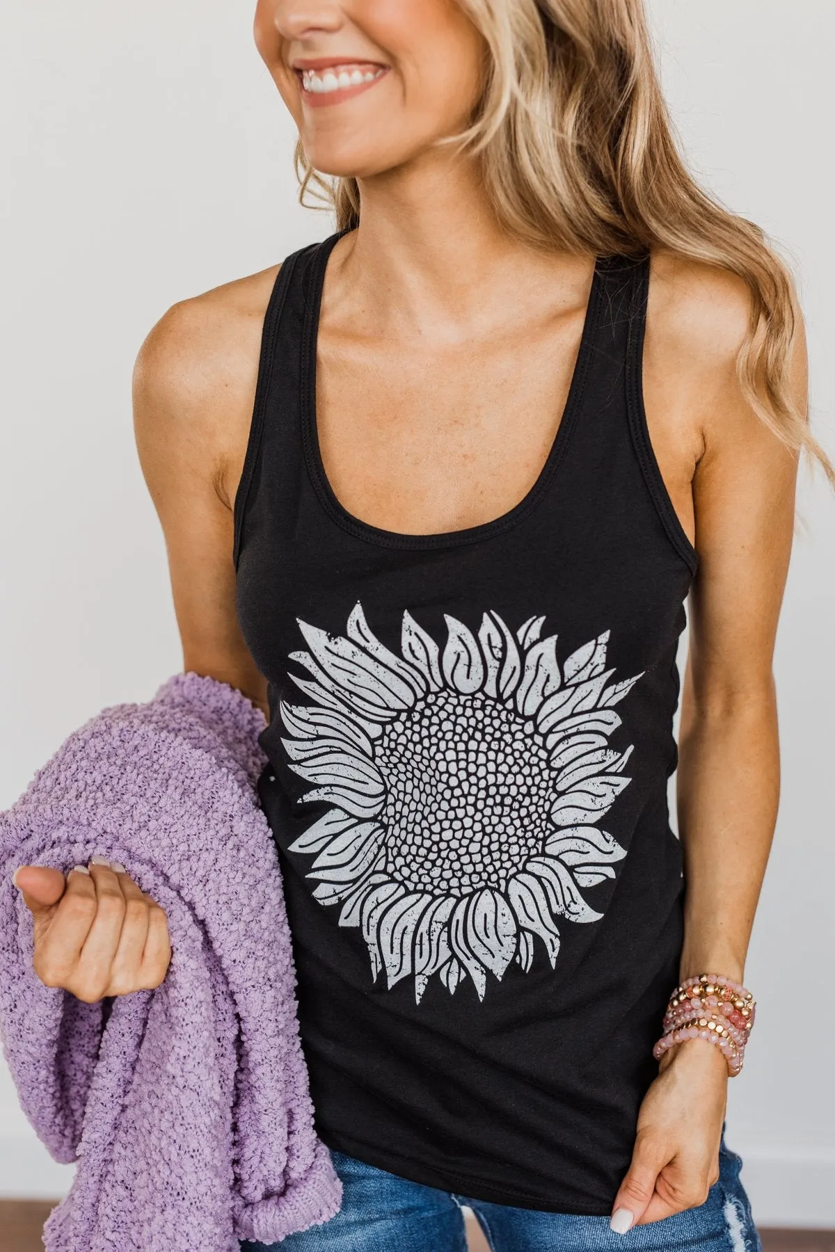 Sweet Sunflower Racerback Graphic Tank Top- Black