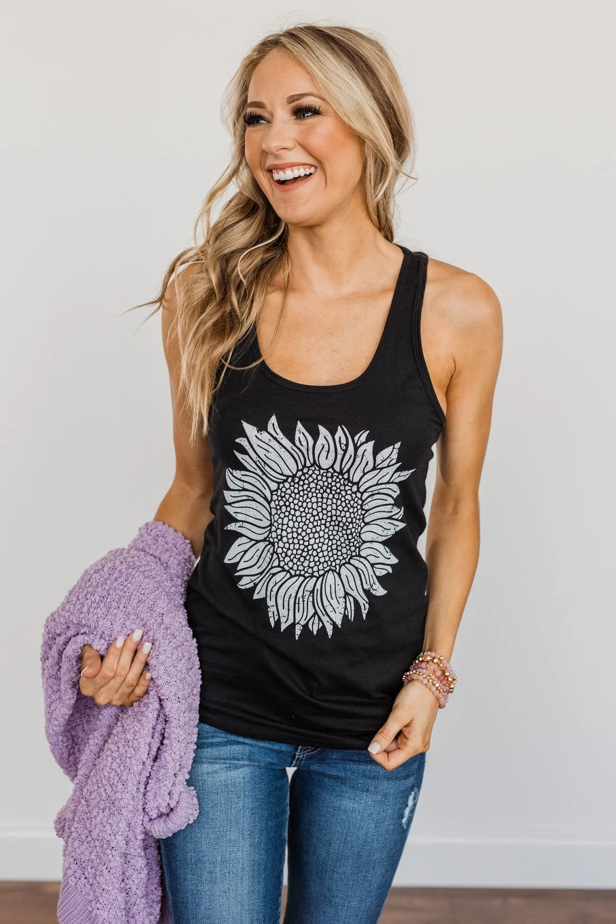 Sweet Sunflower Racerback Graphic Tank Top- Black