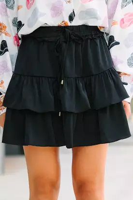 Take The Leap Black Satin Ruffled Skort