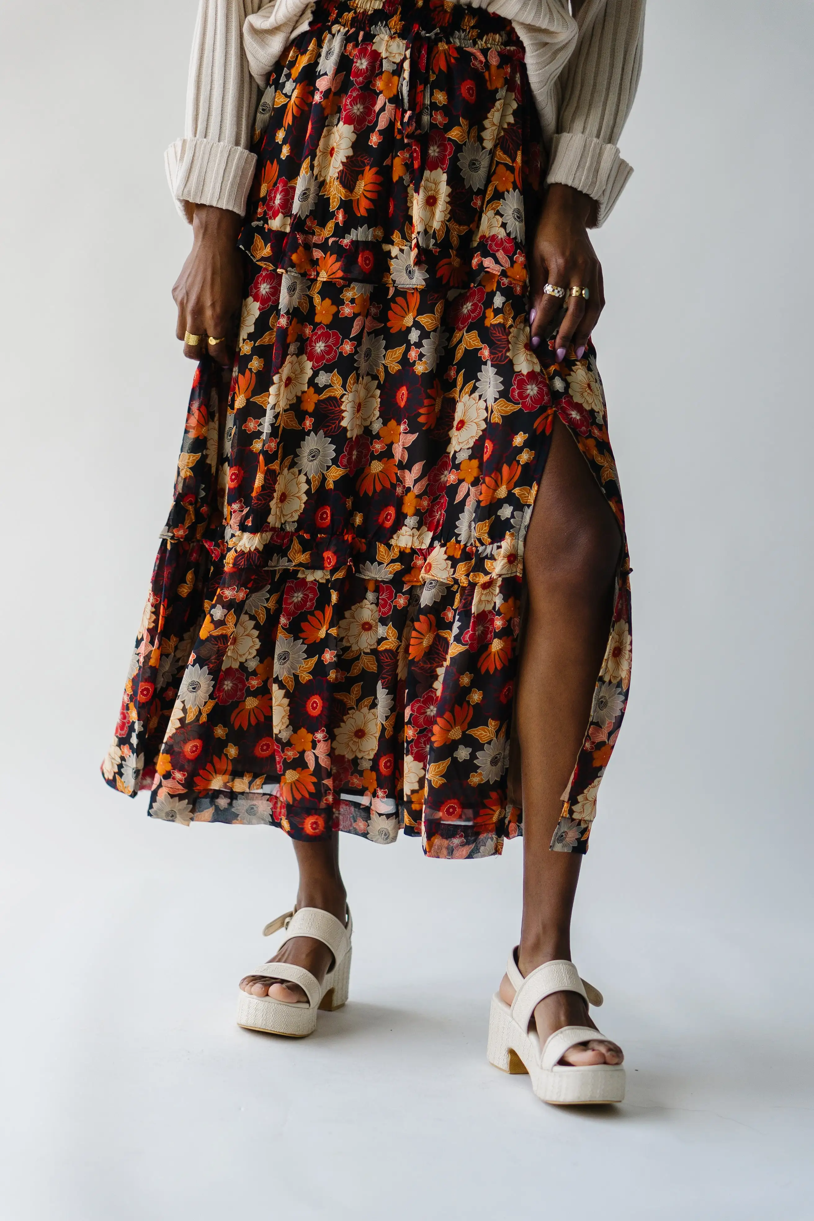 The Bayless Tiered Maxi Skirt in Midnight Bloom