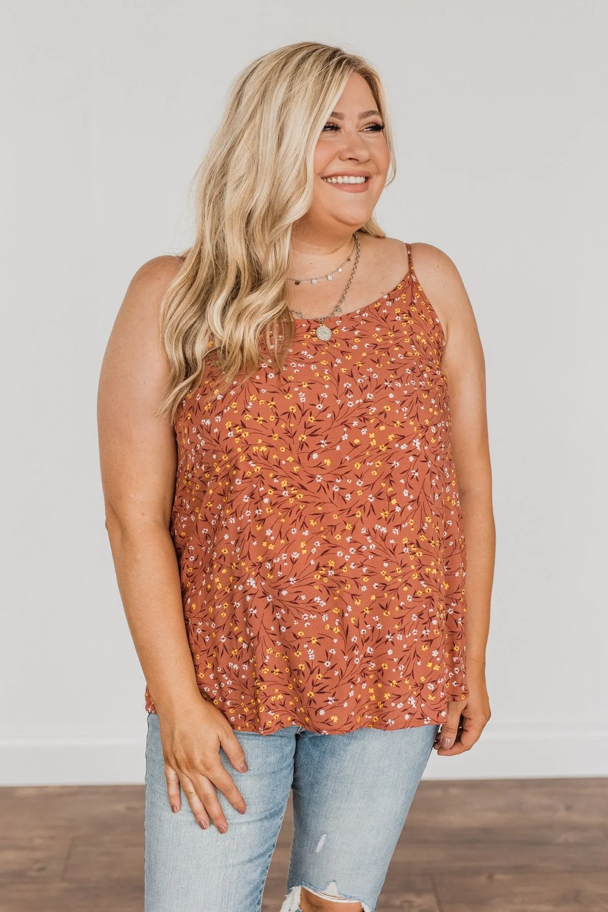 The Cutest Apple In The Orchard Floral Tank Top- Rust