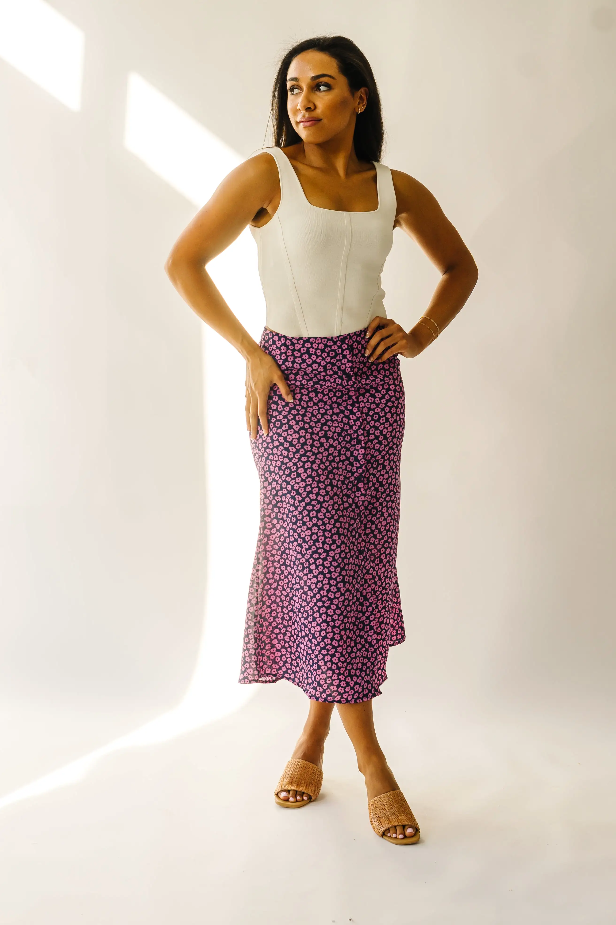 The Ellston Floral Button-Down Maxi Skirt in Navy + Pink