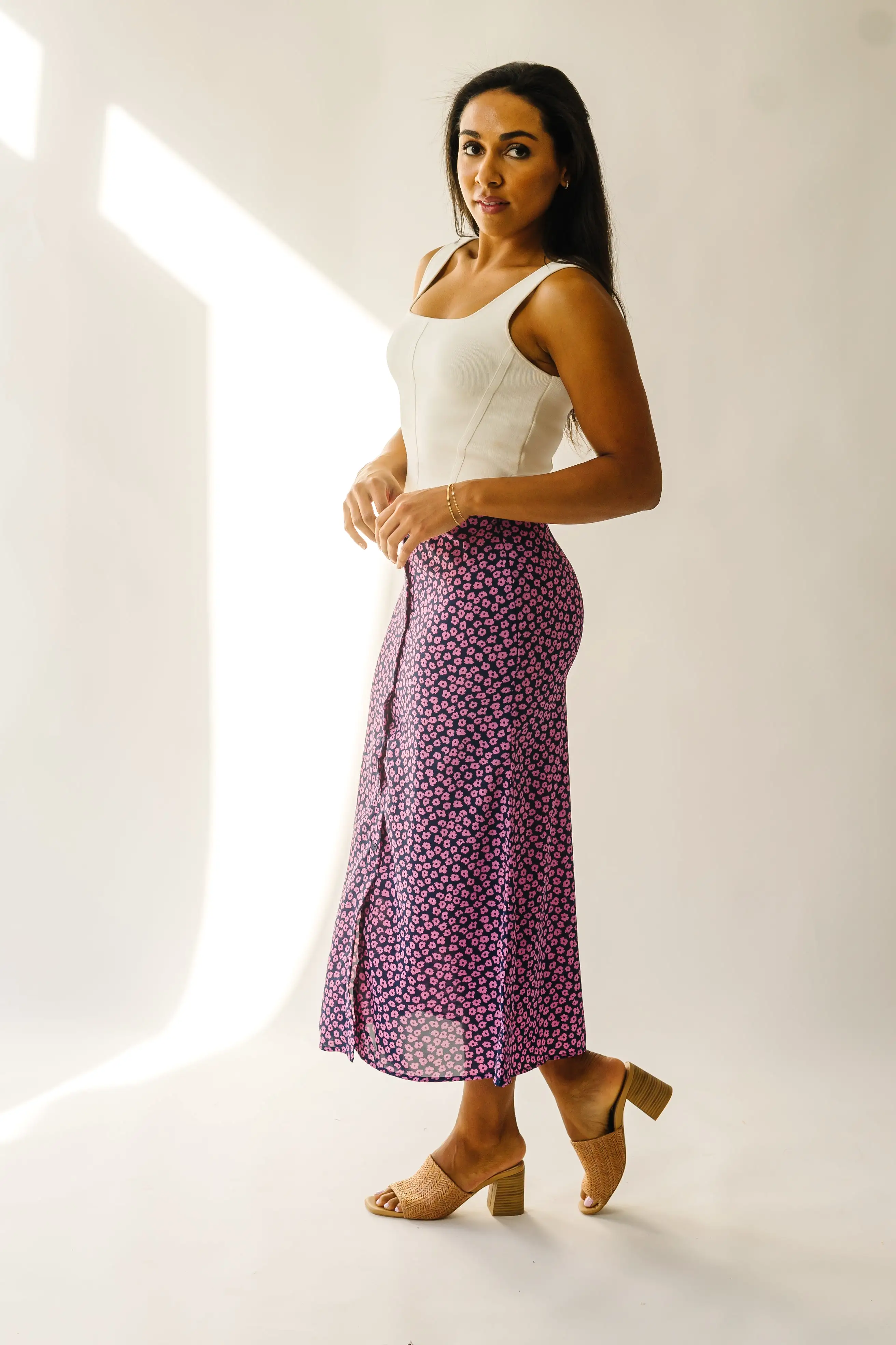 The Ellston Floral Button-Down Maxi Skirt in Navy + Pink