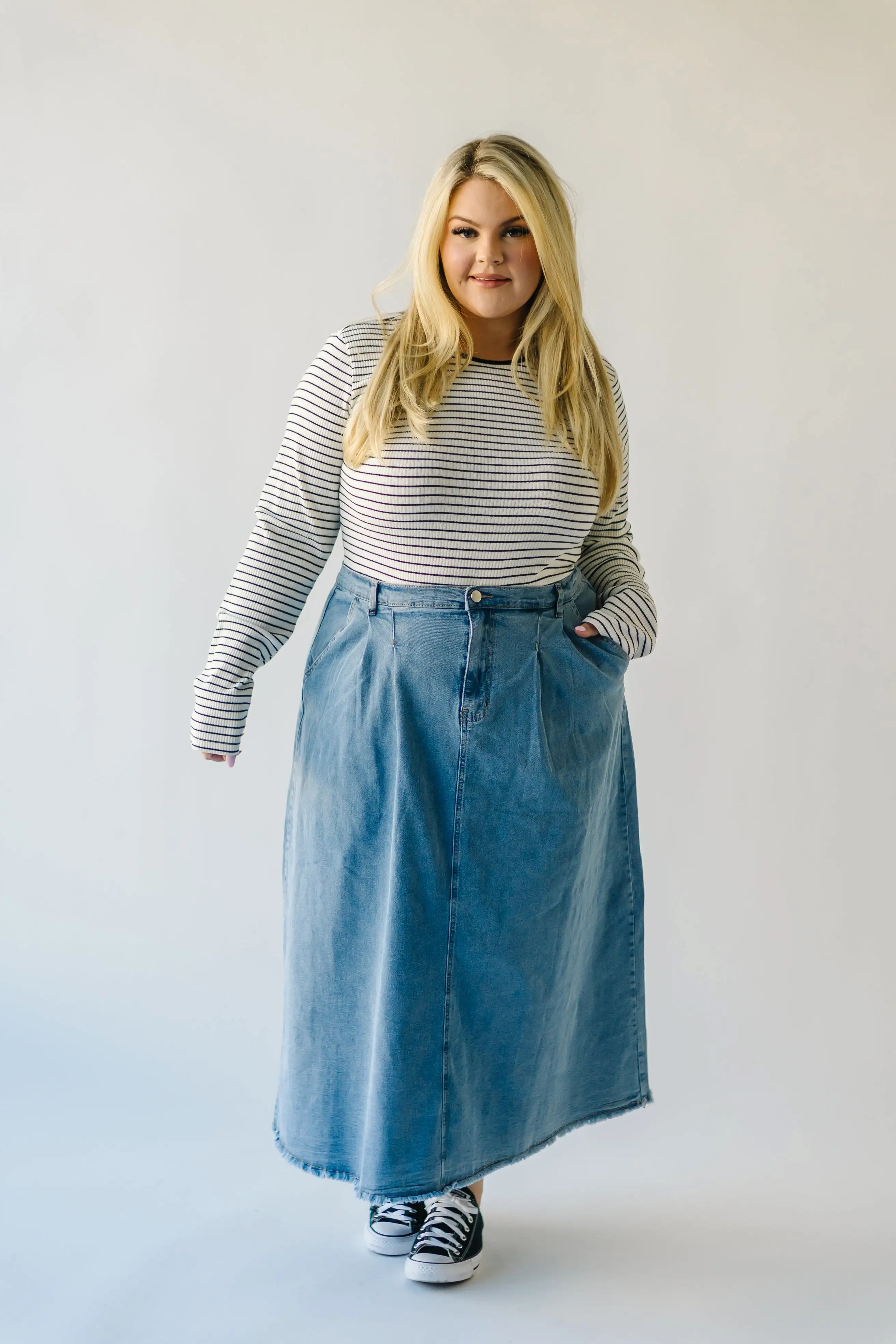 The Waleska Pleated Maxi Skirt in Denim