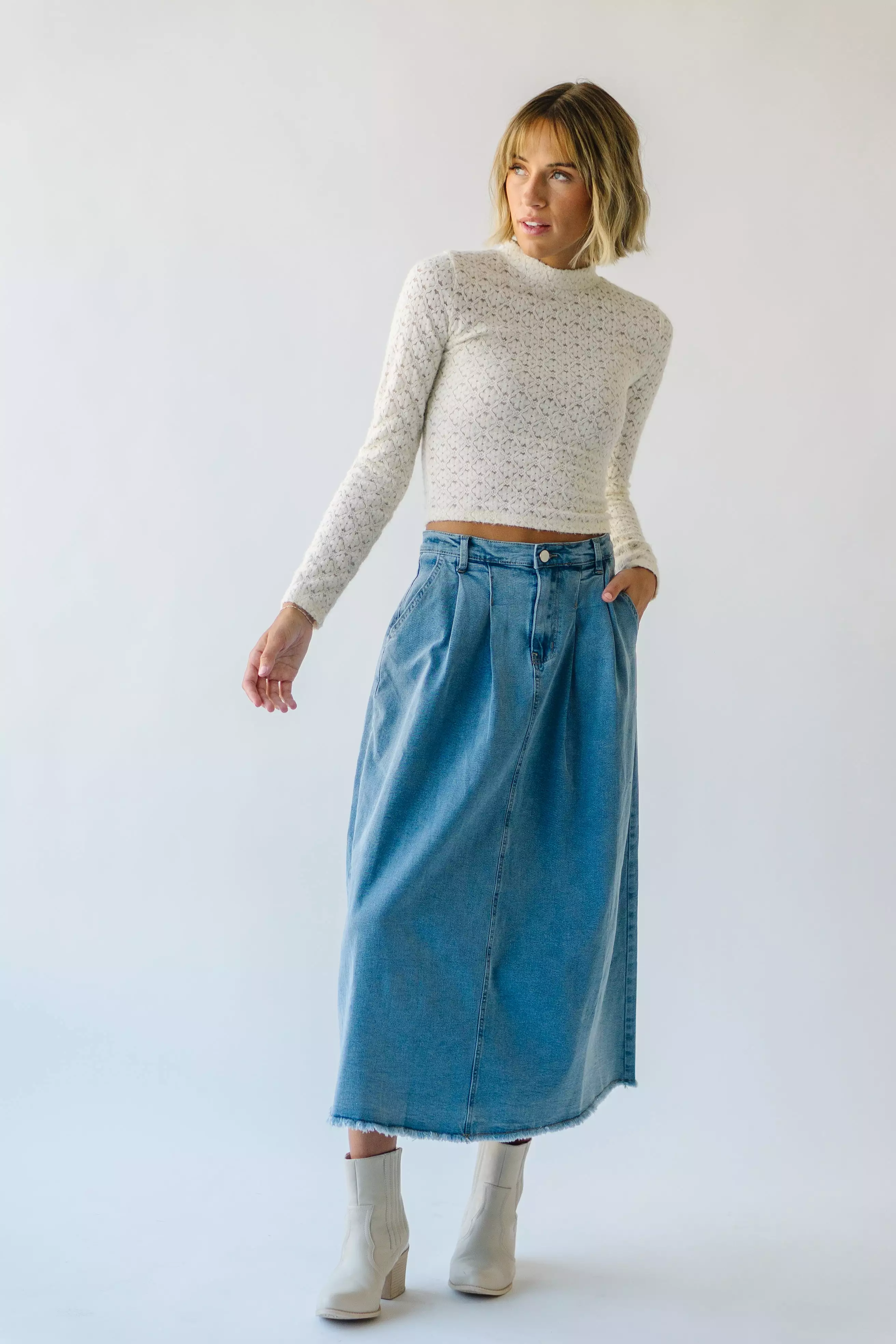 The Waleska Pleated Maxi Skirt in Denim