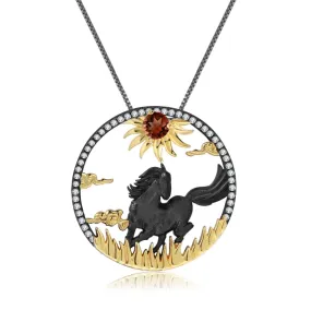 Two-Tone Black Gold CZ Round Horse Sun Pendant Necklace