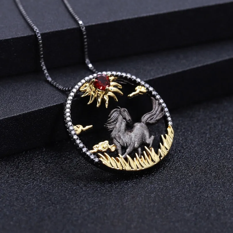 Two-Tone Black Gold CZ Round Horse Sun Pendant Necklace