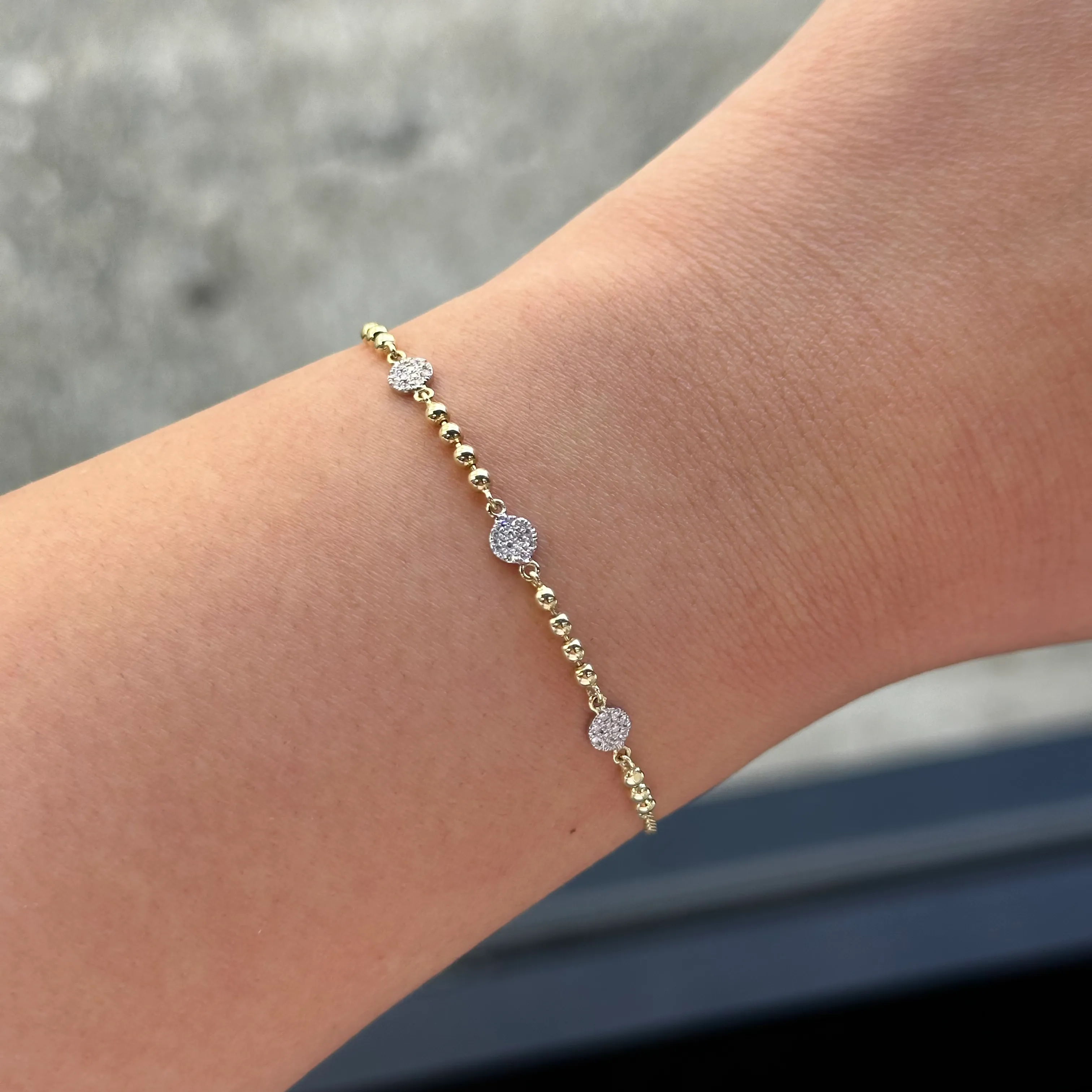 Two Tone White Gold Round Diamond Cluster and Yellow Gold Ball Bracelet