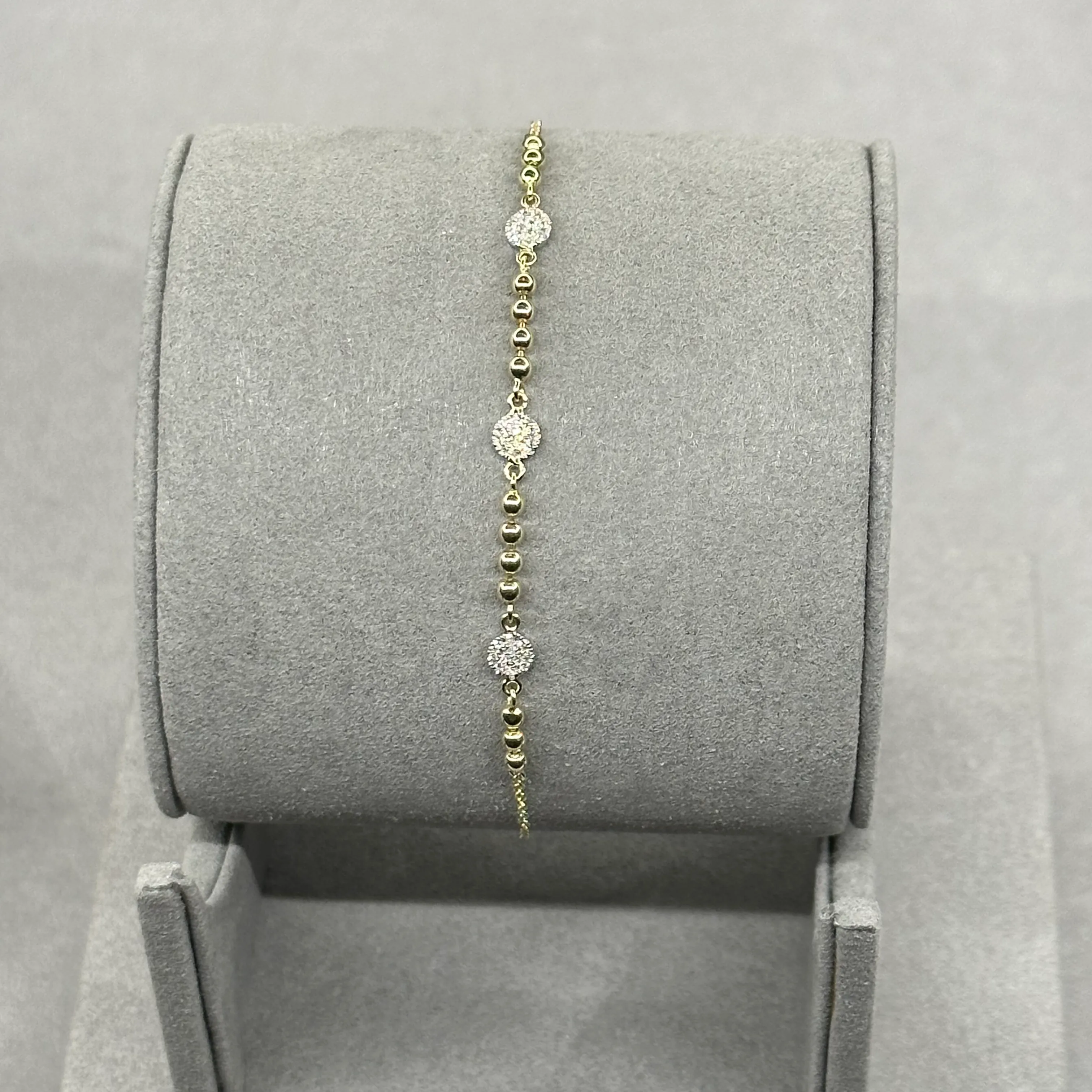 Two Tone White Gold Round Diamond Cluster and Yellow Gold Ball Bracelet