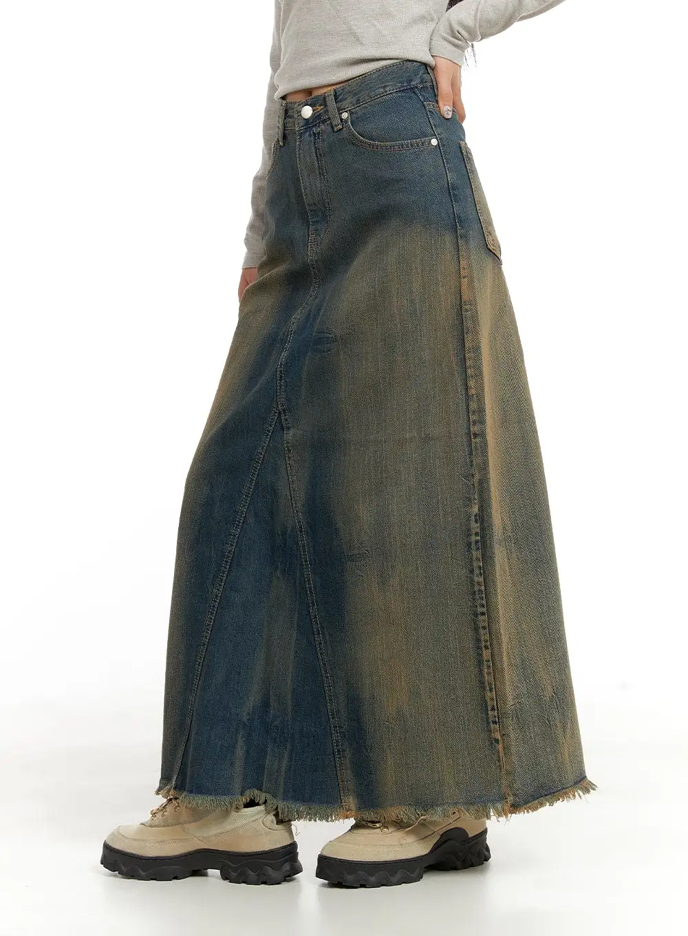 Vintage Washed Denim Maxi Skirt CA415