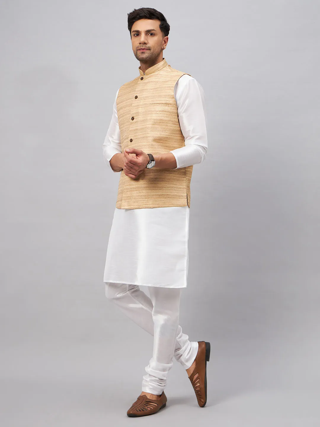 VM BY VASTRAMAY Men's Beige Matka Silk Nehru Jacket With White Silk Blend Kurta Pyjama Set