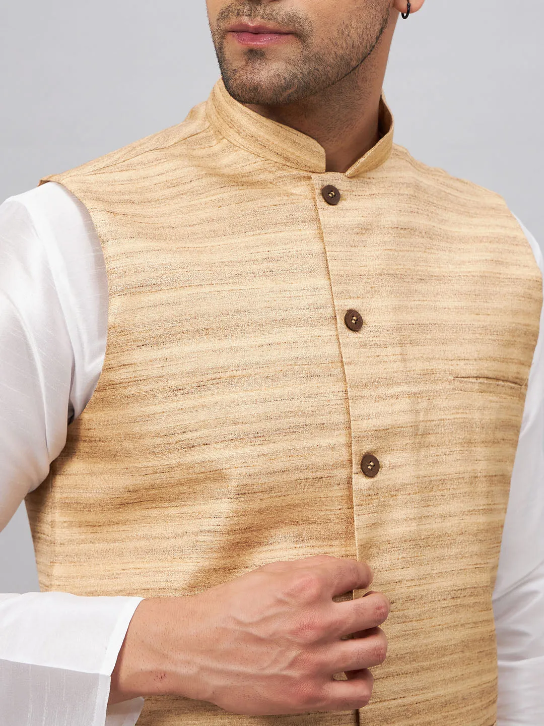 VM BY VASTRAMAY Men's Beige Matka Silk Nehru Jacket With White Silk Blend Kurta Pyjama Set