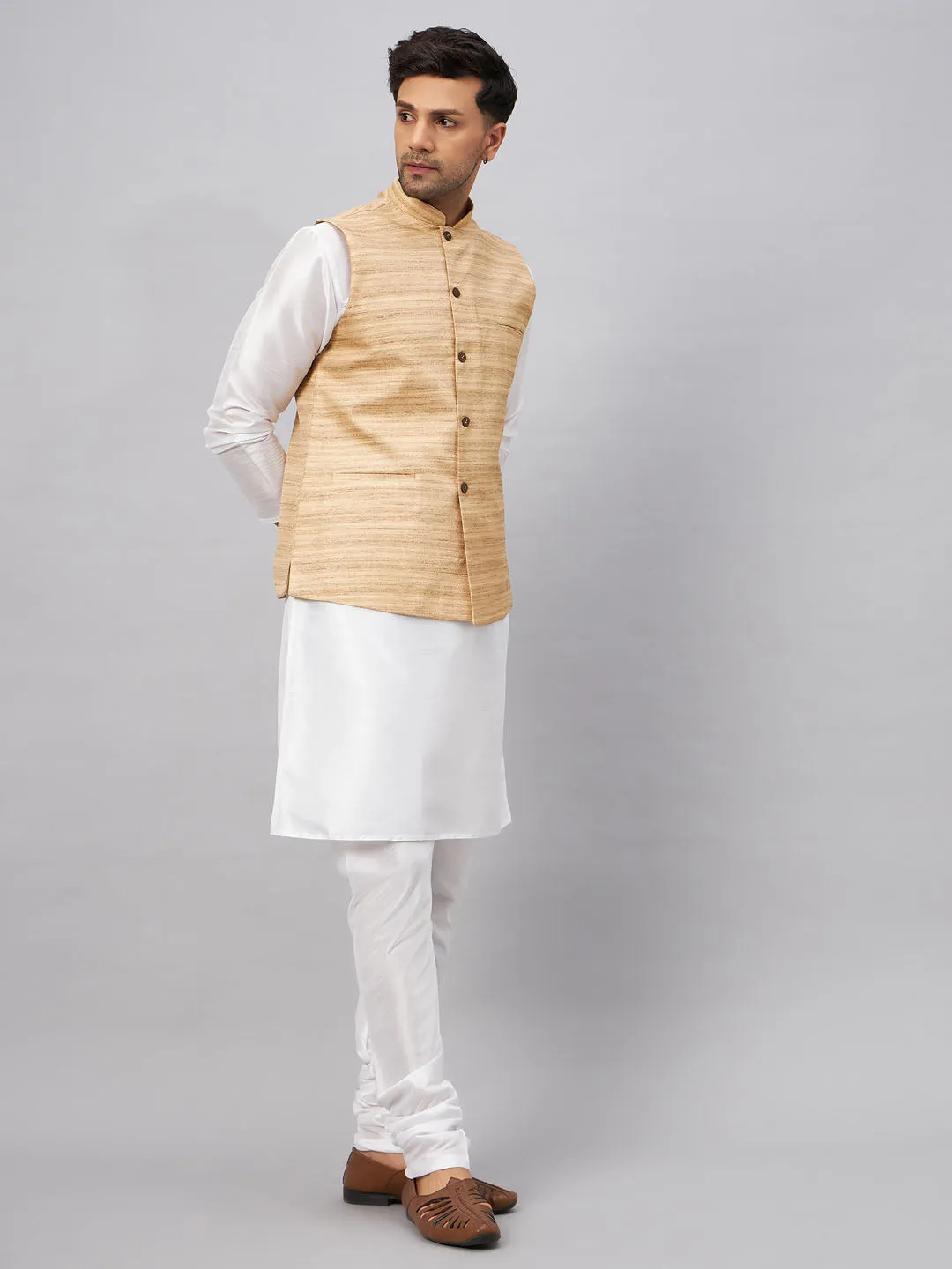 VM BY VASTRAMAY Men's Beige Matka Silk Nehru Jacket With White Silk Blend Kurta Pyjama Set