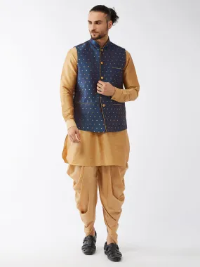 VM By VASTRAMAY Men's Blue Zari Weaved Jacket With Kurta Dhoti Set