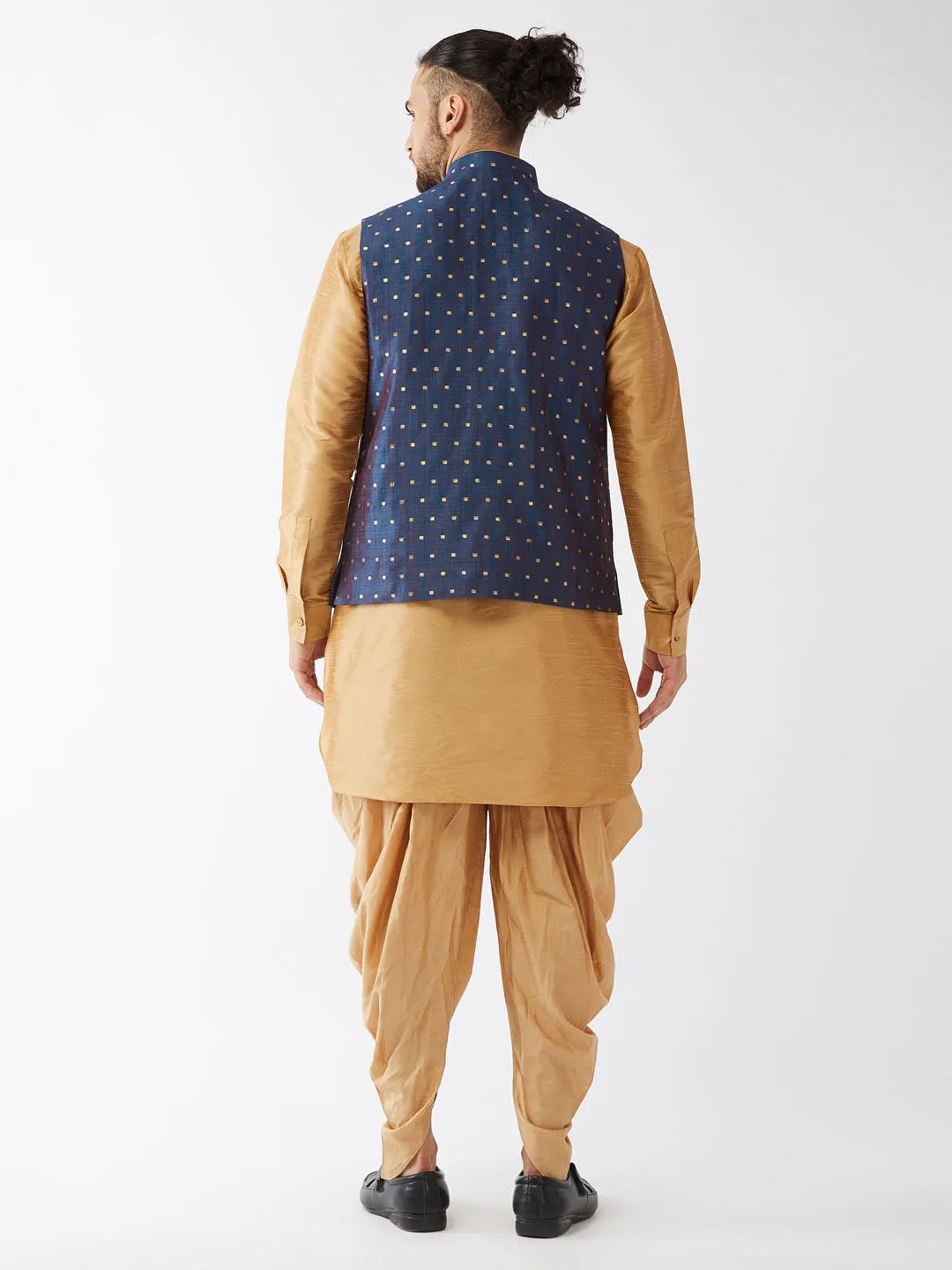 VM By VASTRAMAY Men's Blue Zari Weaved Jacket With Kurta Dhoti Set