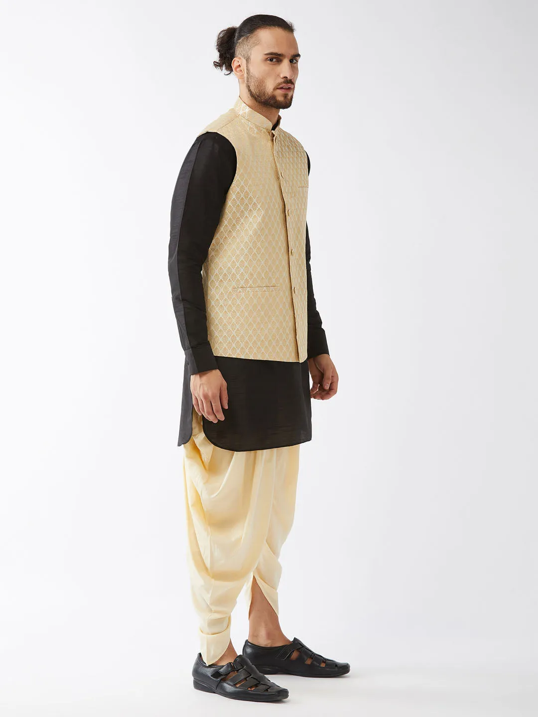 VM By VASTRAMAY Men's Cream Silk Blend Jacket With Curved Kurta Dhoti Set