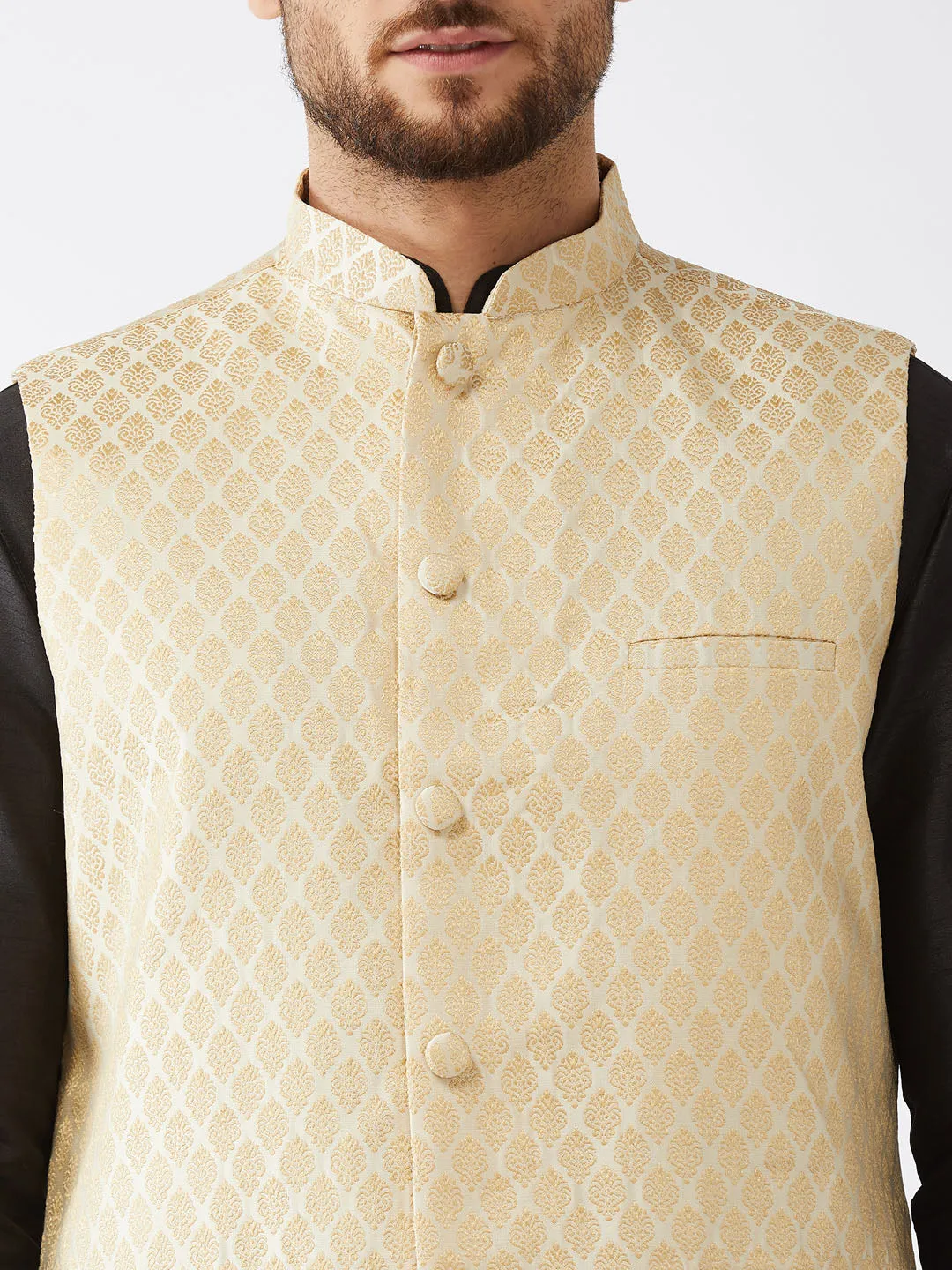 VM By VASTRAMAY Men's Cream Silk Blend Jacket With Curved Kurta Dhoti Set