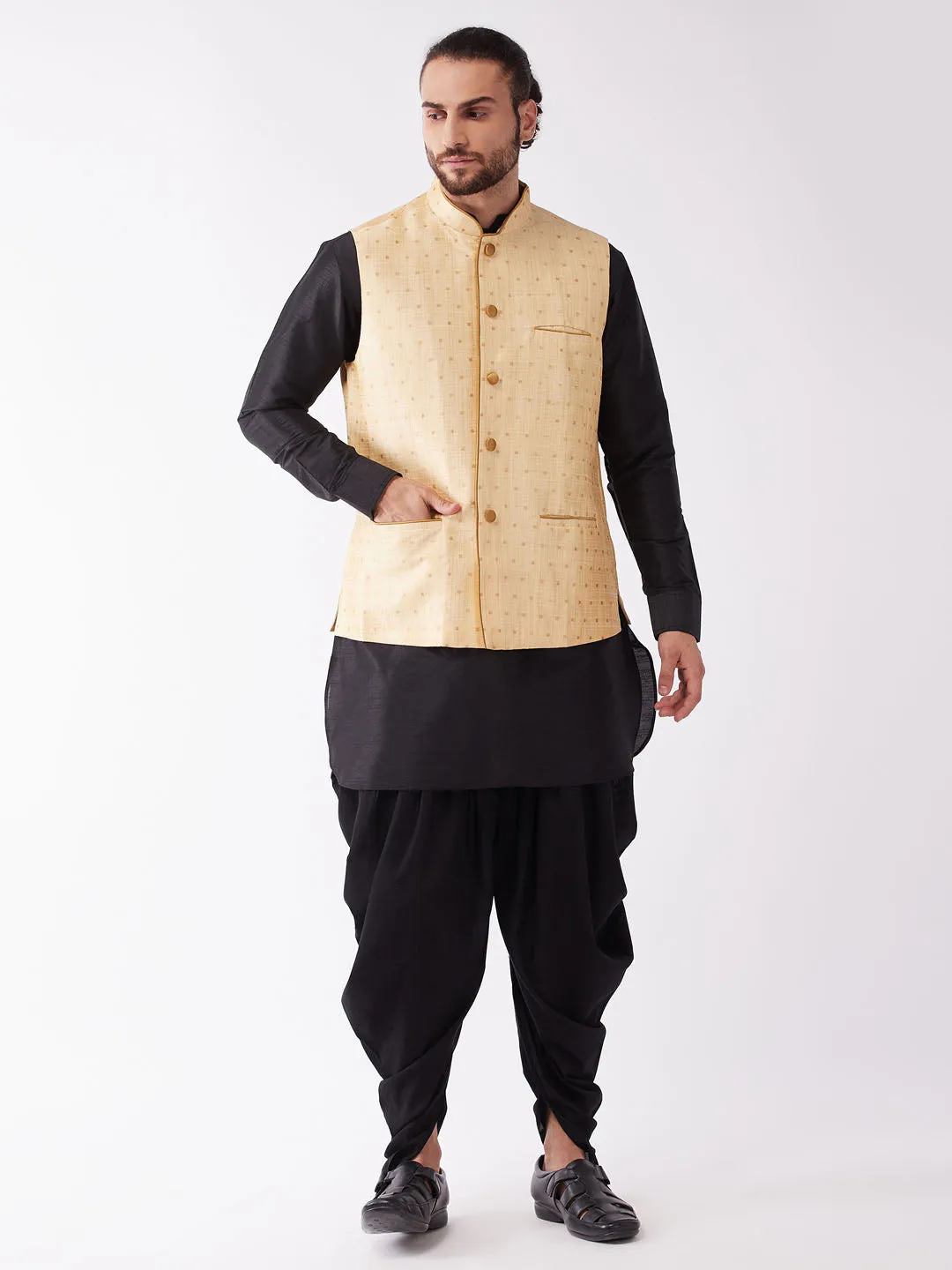 VM By VASTRAMAY Men's Gold Zari Weaved Jacket With Kurta Dhoti Set