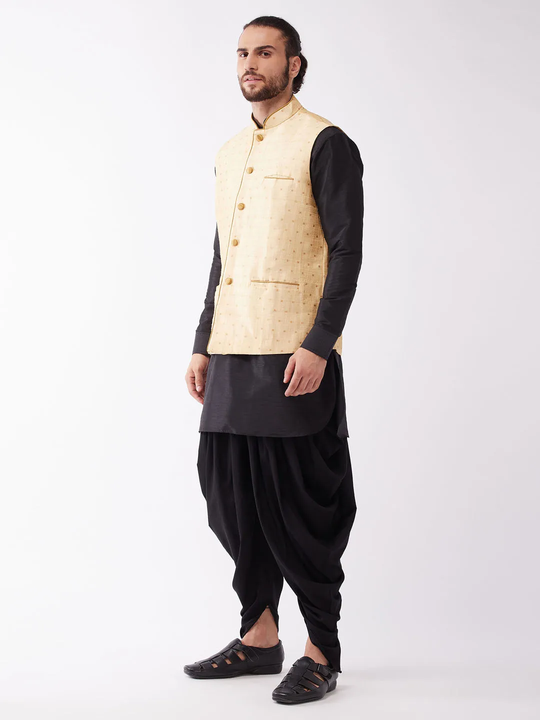 VM By VASTRAMAY Men's Gold Zari Weaved Jacket With Kurta Dhoti Set