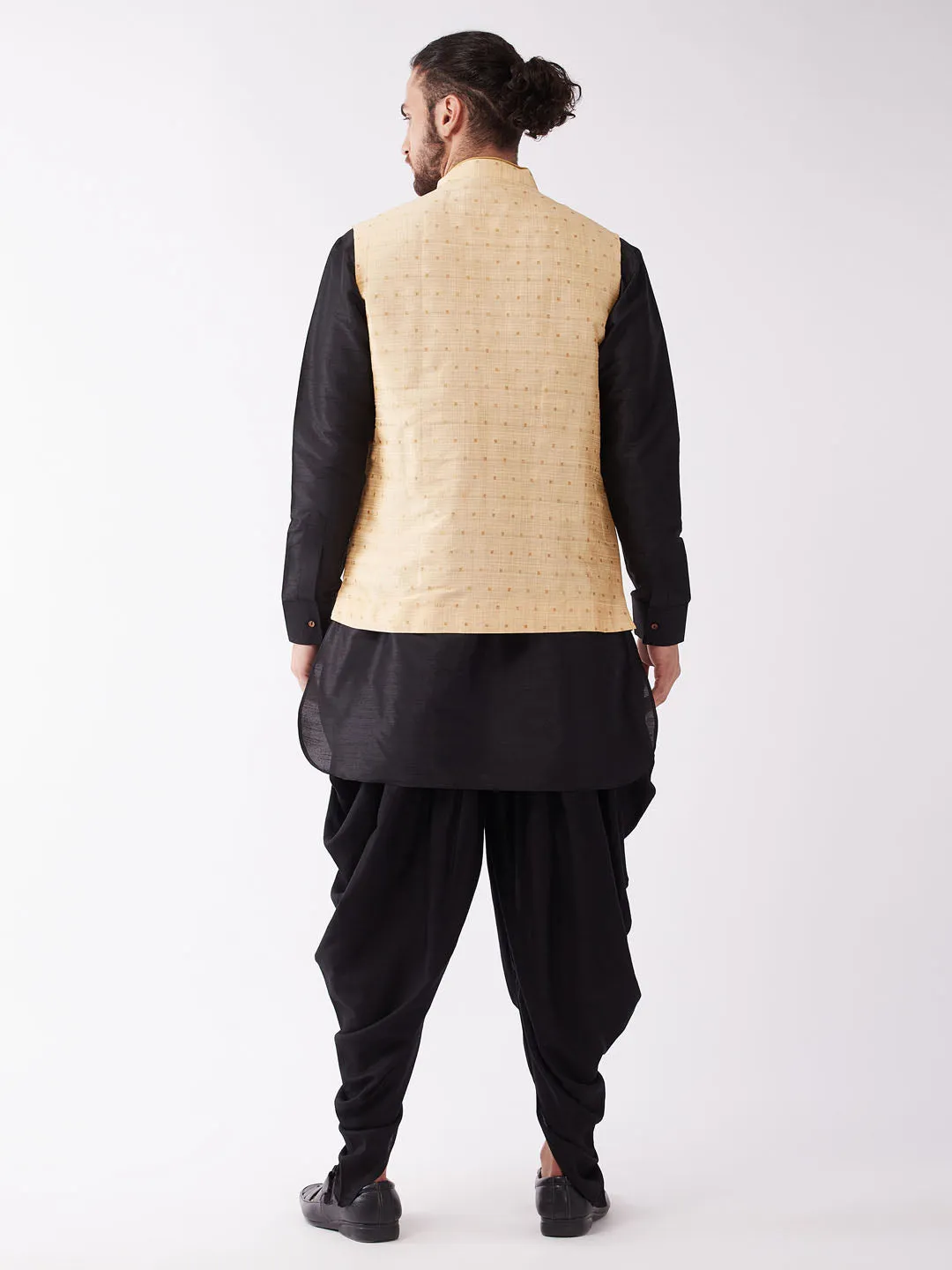 VM By VASTRAMAY Men's Gold Zari Weaved Jacket With Kurta Dhoti Set