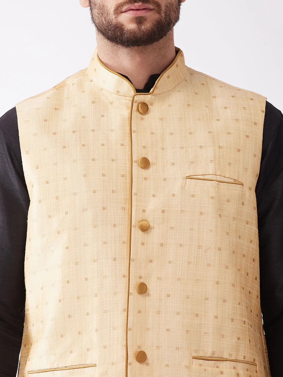 VM By VASTRAMAY Men's Gold Zari Weaved Jacket With Kurta Dhoti Set