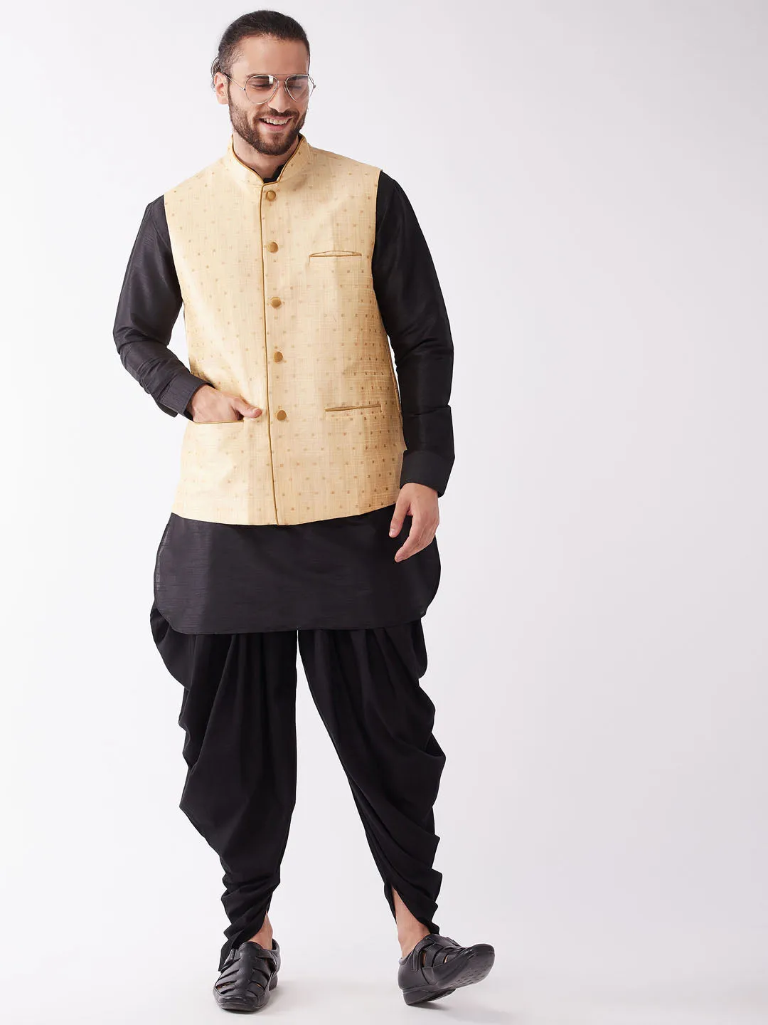 VM By VASTRAMAY Men's Gold Zari Weaved Jacket With Kurta Dhoti Set