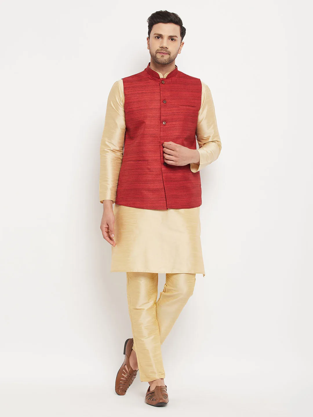 VM BY VASTRAMAY Men's Maroon Matka Silk Nehru Jacket With Gold Silk Blend Kurta and Pant style Pyjama Set