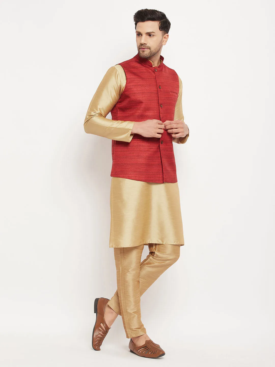 VM BY VASTRAMAY Men's Maroon Matka Silk Nehru Jacket With Rose Gold Silk Blend Kurta and Pant style Pyjama Set