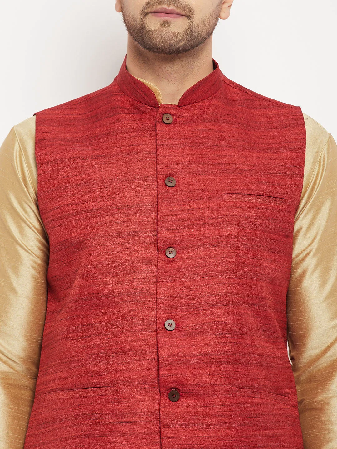 VM BY VASTRAMAY Men's Maroon Matka Silk Nehru Jacket With Rose Gold Silk Blend Kurta and Pant style Pyjama Set