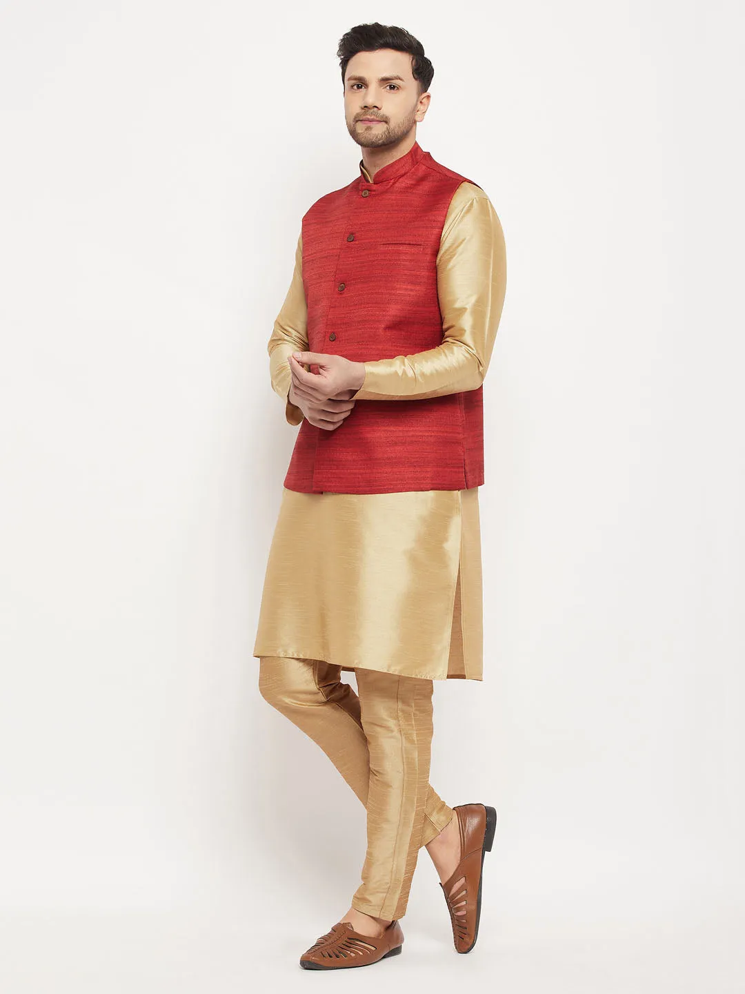 VM BY VASTRAMAY Men's Maroon Matka Silk Nehru Jacket With Rose Gold Silk Blend Kurta and Pant style Pyjama Set