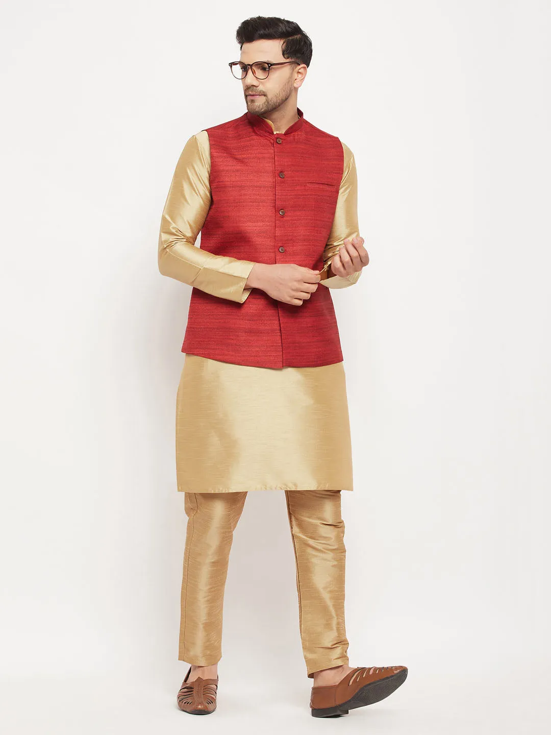 VM BY VASTRAMAY Men's Maroon Matka Silk Nehru Jacket With Rose Gold Silk Blend Kurta and Pant style Pyjama Set