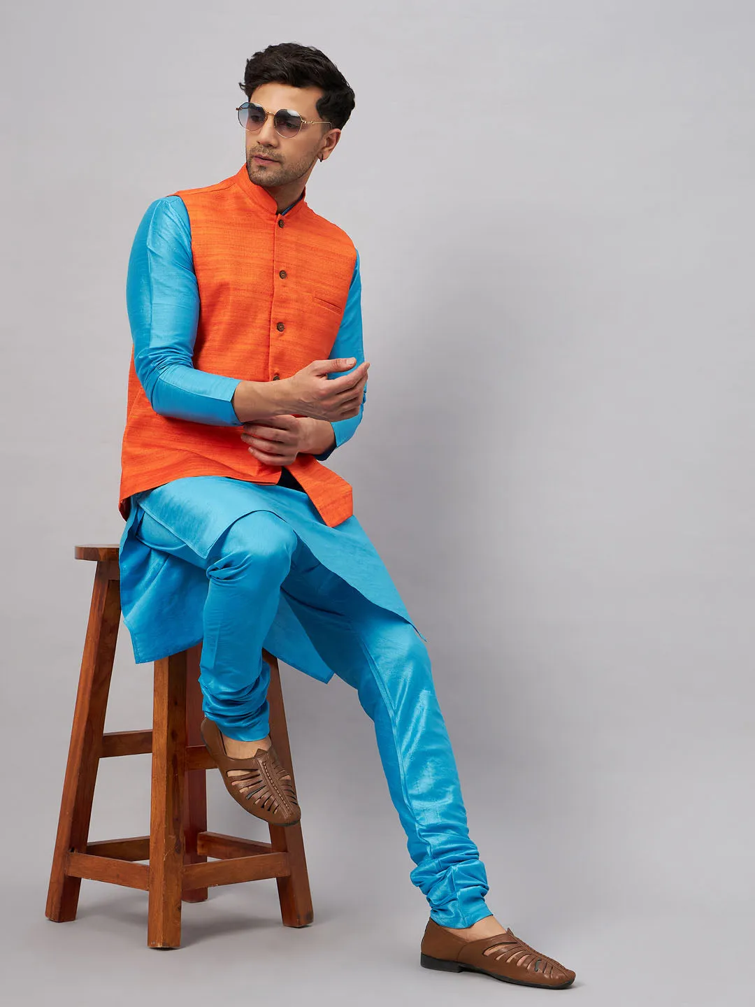 VM BY VASTRAMAY Men's Orange Matka Silk Nehru Jacket With Aqua Blue Silk Blend Kurta and Pyjama Set