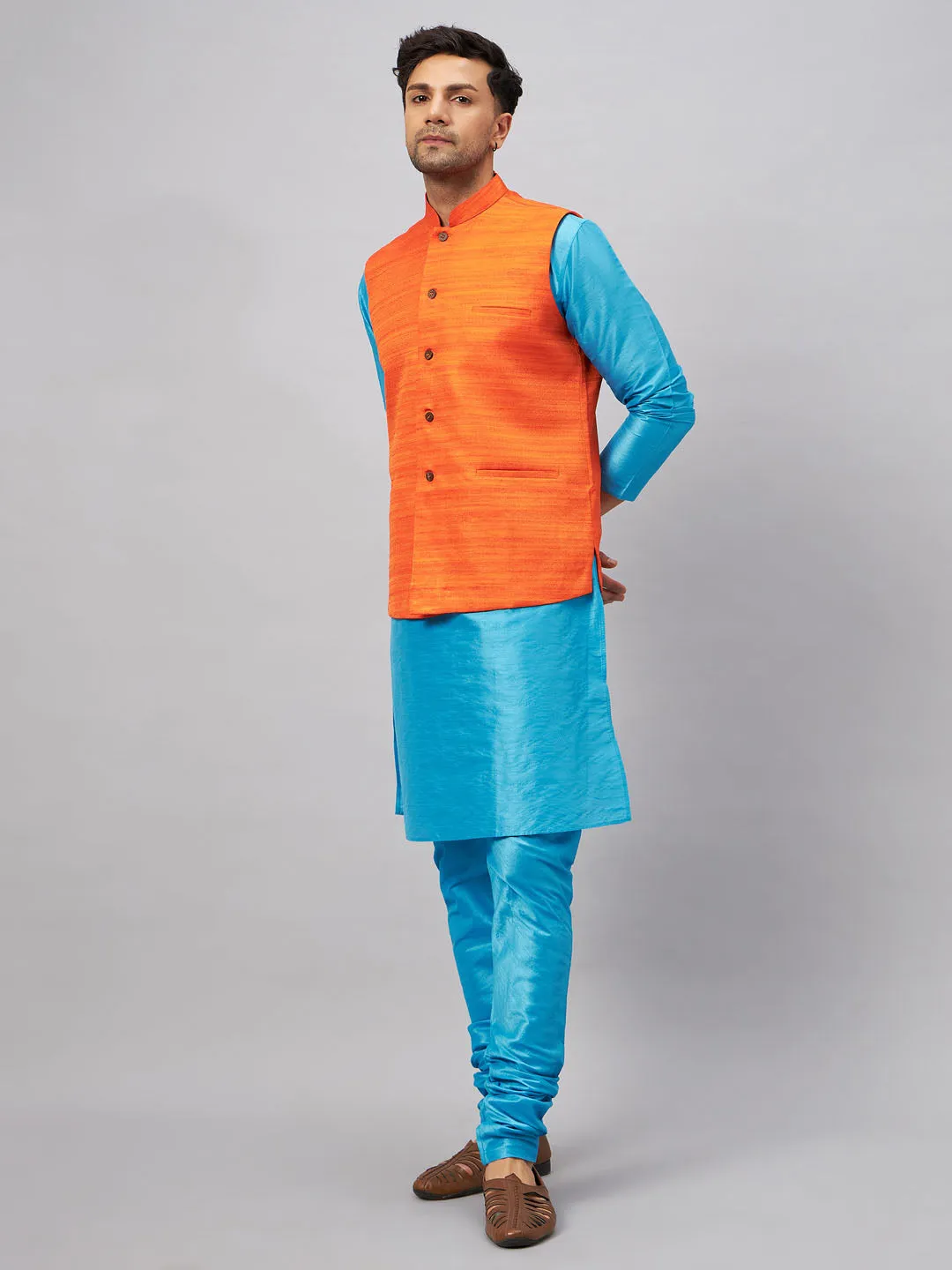 VM BY VASTRAMAY Men's Orange Matka Silk Nehru Jacket With Aqua Blue Silk Blend Kurta and Pyjama Set